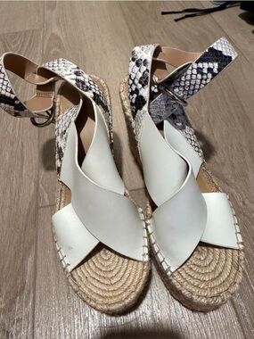 Marc Fisher White Espadrille Wedges with Snake-Print Ankle Strap